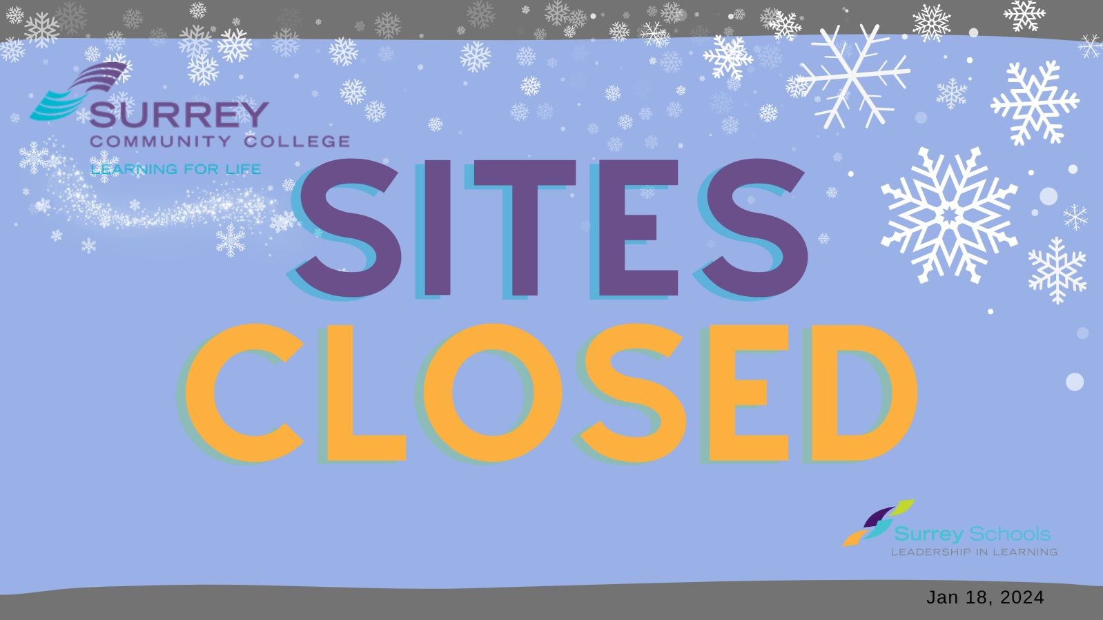 Sites closed today due to weather and snow accumulations Jan 18th